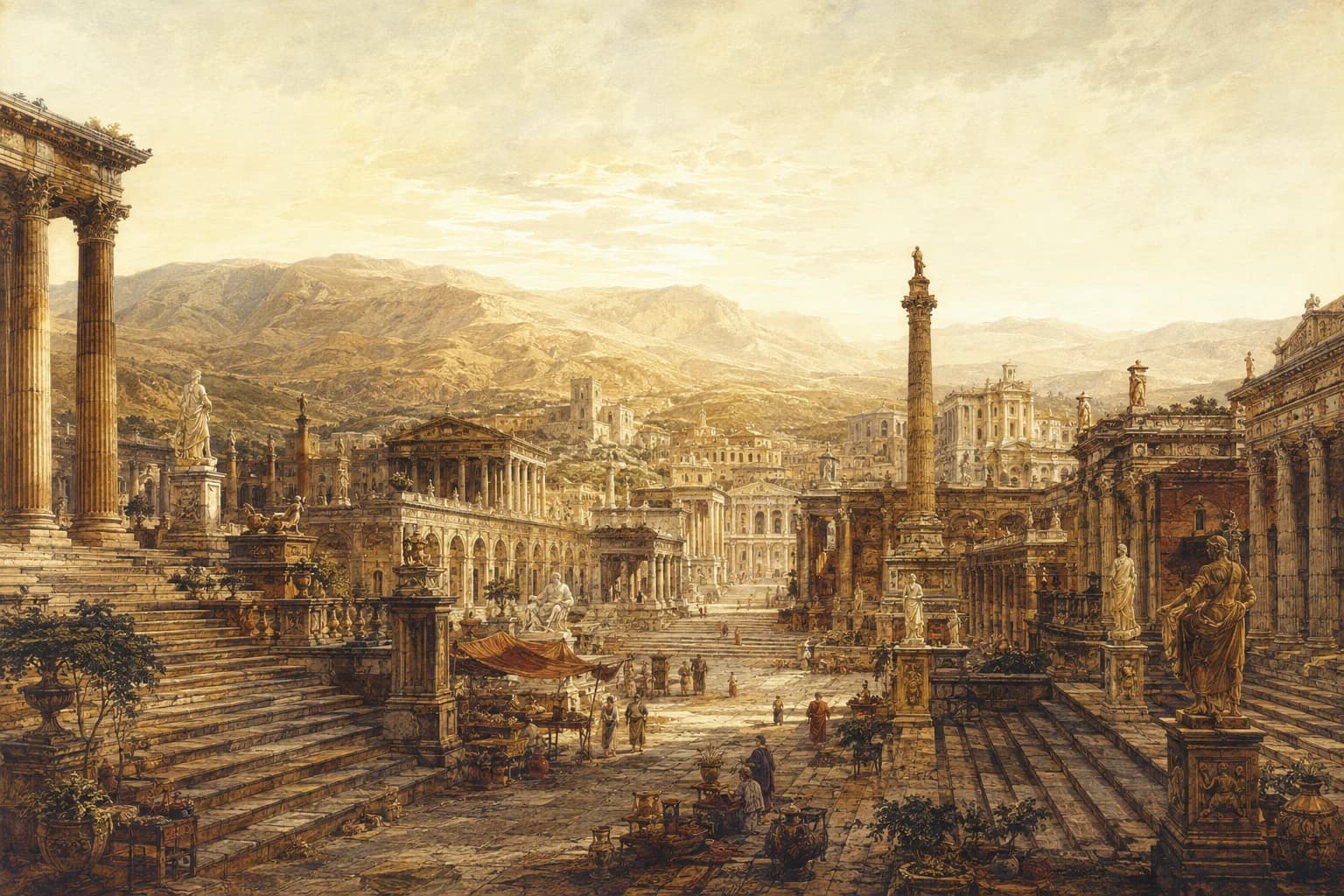 An imagined ancient marketplace, with sunlit stone colonnades and merchants in a broad plaza.